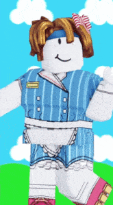 a cartoon character is wearing a blue and white striped outfit