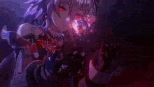 a purple and white anime character is falling into the dark