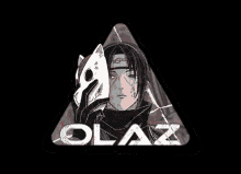 a drawing of a man holding a mask with the word olaz underneath