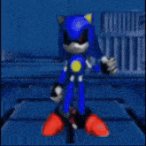 a sonic the hedgehog is sitting on a blue floor in a room .