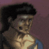 a close up of a person 's face with a blue sky behind them