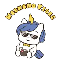 a cartoon of a unicorn wearing sunglasses and holding a drink with the words weekend vibes above it