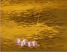 a bunch of bald men are laughing in front of a gold background