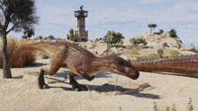a dinosaur with a tower in the background is walking in the sand