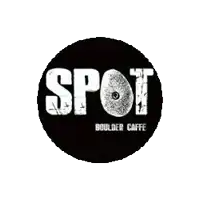 a black circle with the word spot written on it .