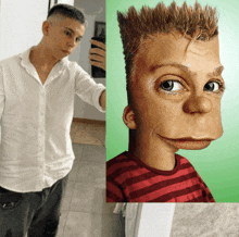 a man in a white shirt takes a selfie next to a picture of a cartoon character