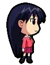 a pixel art drawing of a girl with long black hair and a red jacket .