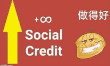 a red background with a yellow arrow pointing up and the words social credit written on it