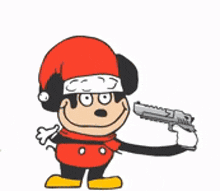 a cartoon mickey mouse wearing a santa hat and holding a gun .