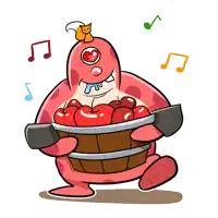 a cartoon drawing of a monster holding a basket full of apples