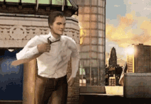 a man in a white shirt and tie is running in the city