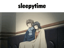 a picture of a boy and a girl sleeping under a blanket with the words sleepytime above them