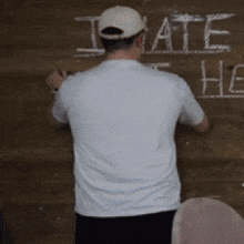 a man standing in front of a chalkboard that says i hate he