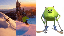 a picture of a person skiing next to a picture of mike from monsters inc holding ski poles