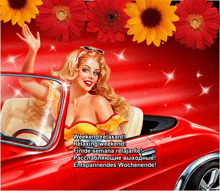 a picture of a woman in a red car that says weekend relaxant relaxing weekend