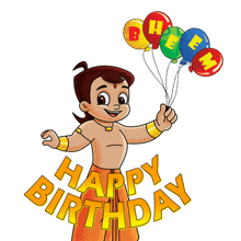 a cartoon character holding a bunch of balloons with the words happy birthday on the bottom