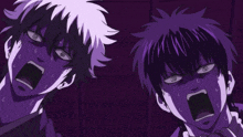 a couple of anime characters with purple hair are making funny faces
