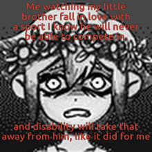 a black and white drawing of a person with a caption that says me watching my little brother fall in love