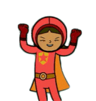a girl in a superhero costume is jumping in the air .