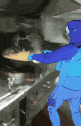 a person in a blue suit is cooking food on a stove .