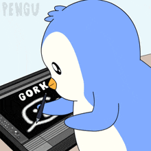 a penguin is drawing a gork on a screen
