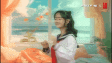 a girl is dancing in front of a window with free fire x written on the bottom