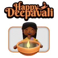 a happy deepavali greeting card with a woman holding a bowl of oil
