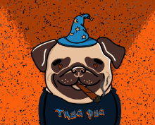 a pug wearing a wizard hat smoking a cigarette and a shirt that says " true pug "