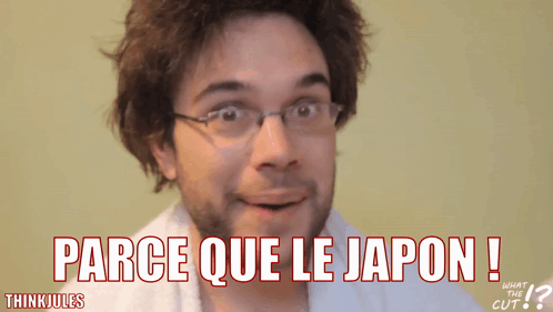 a man with glasses says " parce que le japon " in red