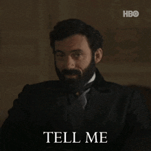 a man with a beard says tell me in front of a hbo logo