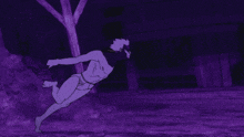 a drawing of a person with a purple background and a few trees