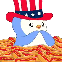 a penguin wearing an uncle sam hat surrounded by hot dogs