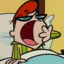 dexter from dexter 's laboratory is laying in bed with his mouth open .