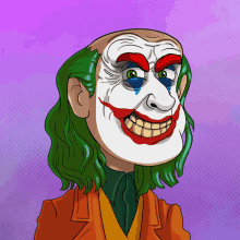 a cartoon drawing of a clown with a purple background