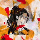 a drawing of a girl with a ponytail on a colorful background