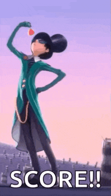 a cartoon character is holding a heart in his hand while standing in front of a city .