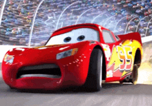 lightning mcqueen from the movie cars is driving down a race track