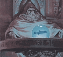 a painting of a man with a beard and a hood sitting at a table with a crystal ball in front of him