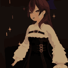 a girl with red eyes and ruffled sleeves is wearing a black dress