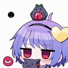 a cartoon girl with purple hair has a black cat and a bird on her head