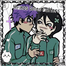 a drawing of a boy and a girl with the words thanos loves butters