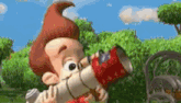 a cartoon character is looking through a telescope in a garden .