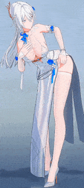 a woman in a long white dress with blue flowers on her shoulder