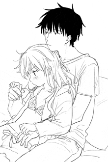 a black and white drawing of a boy and a girl sitting on a bed holding hands .