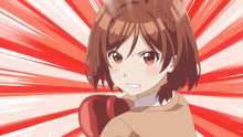 a girl is wearing boxing gloves in front of a red background
