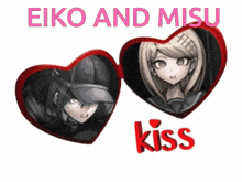 a couple of hearts with eiko and misu kiss on them