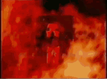 a painting of a man in a red mask surrounded by red flames