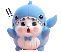 a stuffed animal in a shark costume has a surprised look on his face