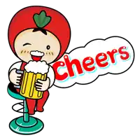 a cartoon character with a tomato hat is holding a mug of beer and says cheers