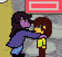 a pixel art of a girl hugging another girl with a red sign in the background